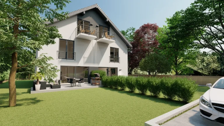 Moderne 3D-Visualisierung eines zweigeschossigen Hauses mit Satteldach und mehreren Balkonen, umgeben von einer grünen Gartenlandschaft, Bäumen und einer Hecke am Eingang. Am Haus angrenzend eine Terrasse mit Sitzgelegenheiten. Rechts im Bild ein weißes Auto auf der Auffahrt. Der Kontext "Projekt Buch a. Ammersee" deutet auf einen Ort oder Zweck des Entwurfs hin.
