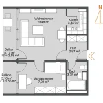 Detaillierter 2D-Grundriss einer Wohnung mit Zimmerangaben und zwei Balkonen