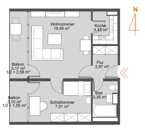 Detaillierter 2D-Grundriss einer Wohnung mit Zimmerangaben und zwei Balkonen