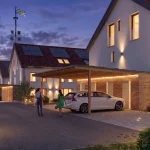Abendstimmung vor modernen Häusern mit Carport bei der Heimkehr