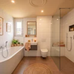 Modernes, KI-generiertes Badezimmer mit Badewanne, begehbarer Dusche, floralen Bildern und warmen Erdtönen.