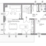 Das Bild zeigt den Beispiel-Grundriss des Erdgeschosses eines Einfamilienhauses (EFH). Es enthält eine offene Raumgestaltung für Wohnen/Essen/Kochen (39,55 m²), eine Diele (16,91 m²), ein WC (2,66 m²), einen Hauswirtschaftsraum (9,70 m²) und Möbel-Layouts.