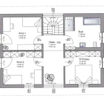 Der Plan zeigt den Obergeschoss-Grundriss eines Einfamilienhauses. Es beinhaltet ein Schlafzimmer, zwei Kinderzimmer, ein großes Bad und eine Diele. Jeder Raum enthält Maßangaben. Zwei Räume sind kreisförmig schraffiert an Wandseiten.