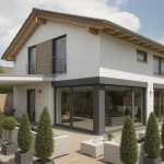 Moderne Einfamilienvilla in Obersendling mit weißer Fassade, Flachdach, großen Fensterfronten und Holzelementen. Terrasse und Vorgarten sind mit Ziergehölzen und Sitzmöbeln gestaltet.
