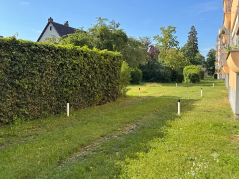 Blick von der Wohnanlage in den Gemeinschaftsgartenbereich mit grüner Rasenfläche, Hecken und Balkonen.