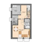 Das Bild zeigt den Grundriss des Kellergeschosses einer Doppelhaushälfte. Es beinhaltet ein Zimmer (22,44 m²), Bad (4,79 m²), Vorraum (3,77 m²), HWR (5,25 m²), Flur (8,03 m²), und einen Keller (7,68 m²).