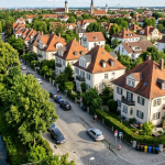 Luftaufnahme des Stadtteils München Pasing mit grünen Wohnvierteln, Pasinger Stadtpark und historischem Ortskern.