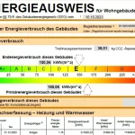 Ausschnitt eines offiziellen Energieausweises für Wohngebäude mit einer Effizienzskala, die den Wert E anzeigt sowie tabellarische Verbrauchsdaten für Erdgas.