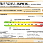 Das Bild zeigt einen deutschen Energieausweis für Wohngebäude. Es enthält Angaben wie den berechneten Energiebedarf des Gebäudes und dessen Energieeffizienzklasse (A), markiert mit einem Pfeil auf der Skala bei 45,9 kWh/(m²-a). Außerdem sind Details wie CO₂-Emissionen und Primärenergiebedarf aufgeführt.