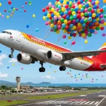Ein Iberia-Flugzeug steigt, gezogen von vielen bunten Luftballons, über einer tropischen Startbahn auf.