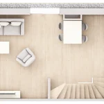 Grundriss des Erdgeschosses der Wohneinheit 145 mit offenem Wohn-Essbereich, Küche, Gäste-WC und Terrasse.