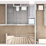 2D-Grundriss vom Obergeschoss links mit Schlafzimmer, Kinderzimmer und Bad.