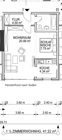 Architektonischer Grundriss einer 41,22 m² großen 1,5-Zimmer-Wohnung mit Wohnbereich, Schlafnische, Küche und Bad.