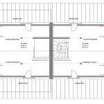Der Plan zeigt einen Grundriss im Dachgeschoss (DG) mit zwei symmetrisch angeordneten Studios (je 34,43 m²) und zentralen Speicherbereichen. Jedes Studio hat schlanke Mittelpfetten und eine brüstungshohe Innenwand.