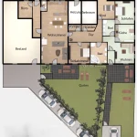 Übersichtlicher Grundriss der Immobilie in Frieding mit Einliegerwohnung, Garten und Parkplätzen.