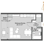 Grundriss der Wohnung 13 mit Wohnen, Küche, Bad und Balkon