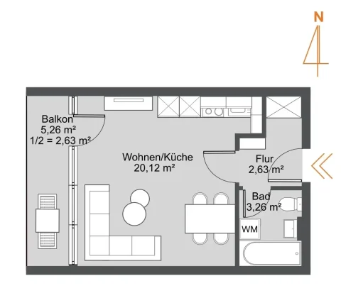 Grundriss der Wohnung 13 mit Wohnen, Küche, Bad und Balkon