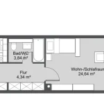 Grundrissplan einer zum Verkauf stehenden Wohnung in München mit eingezeichneten Räumen, Türen und Fenstern.
