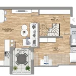 Das Bild zeigt den Grundriss einer Wohnung in Obermenzing. Mit Flur (11,96 m²), Küche/Wohnbereich (31,67 m²), Kinderzimmer (15,75 m²), Wintergarten (5,91 m²) und einem Bad (2,91 m²).