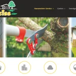 Das Bild zeigt eine Webseite eines Hausmeisterdienstes, "Haus Weiss". Auf einem Bildteil sieht man eine rote Astschere, die einen Baumast schneidet; im anderen Teil ist ein Wohnhaus. Darunter sind Icons für Haus, Gebäude und Wolken, die vermutlich verschiedene Serviceoptionen darstellen.