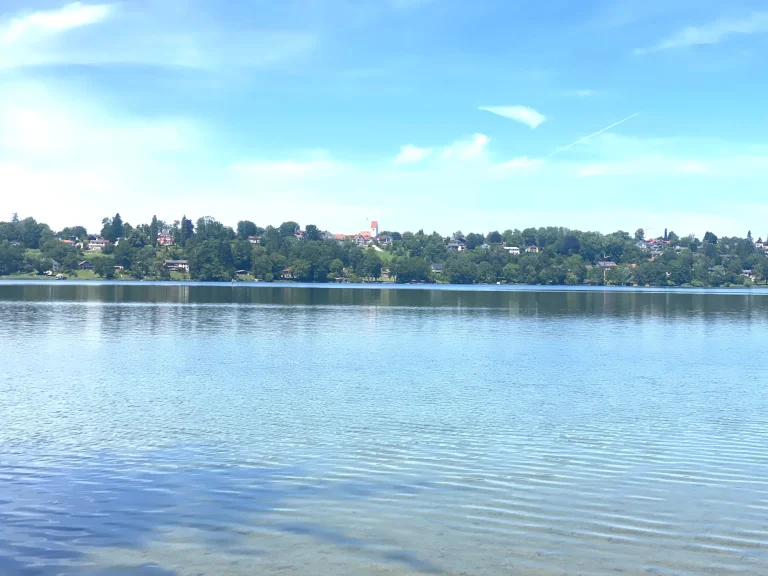 Blick über einen klaren See auf ein bewaldetes Ufer mit Häusern im 5-Seenland