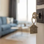 Schlüssel mit einem Hausanhänger steckt in einem modernen schwarzen Lichtschalter, vor verschwommenem Hintergrund eines stilvollen Wohnzimmers mit blauem Sofa und Holzstühlen. Ideal für Themen wie "Immobilie kaufen am Ammersee, Herrsching".