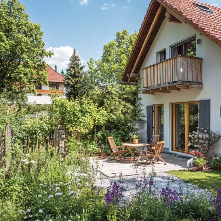 Das Bild zeigt eine idyllische Wohnung mit Garten: ein modernes zweigeschossiges Haus mit Balkon, umgeben von einem üppigen, blühenden Garten und einer Holzterrasse mit Gartenmöbeln. Ein weißer Hund befindet sich im Garten. Ideal für "Kaufgesuch Wohnung mit Garten".