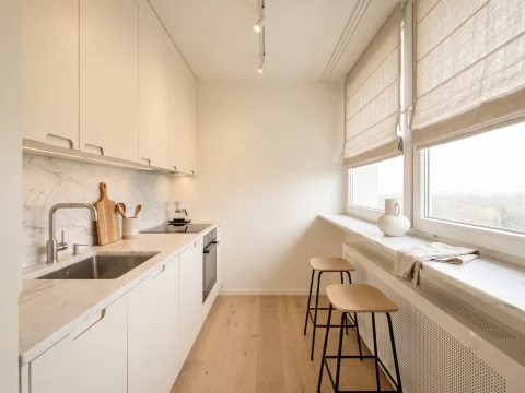 Neu eingerichtete, helle Küche mit Marmor-Arbeitsplatte, Holzbarhockern und Raffrollos.