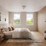 Modernes, von KI generiertes Schlafzimmer mit hellem Doppelbett, Einbauschrank und Blick ins Grüne