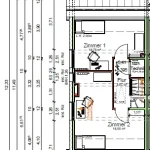 Ausschnitt eines detaillierten architektonischen Grundrissplans für ein Dachgeschoss inklusive Bemaßung und Raumaufteilung.