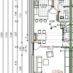 Technischer Grundrissplan Erdgeschoss (EG) des Objekts Reh mit genauer Bemaßung von Wohnräumen und Terrasse.