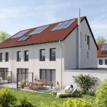 Modernes Neubauprojekt mit Garten, Solaranlage und blühenden Bäumen in Weil Ortsteil Petzenhausen.